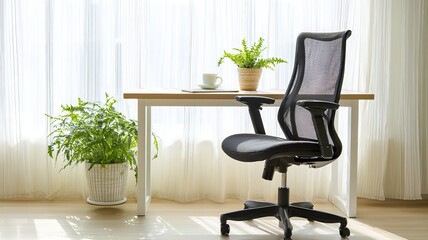 Minimalist workspace with empty desk, ergonomic chair, and potted plant, embodying productivity and calm simplicity.
