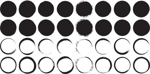 Round brush paint strokes. Black ink circles. Vector grunge calligraphic circular smears. Grungy black Chinese ink dot set. Paintbrush line border frames.