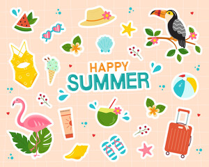 Summer sticker set. Exotic beach vacation, scrapbooking, stickers collection. Flamingo, cocktail, swimsuit, sunscreen and other travel or vacation elements. Vector illustration