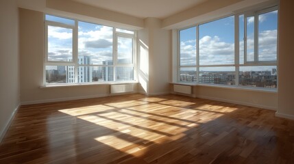 Modern living room with wooden floors and neutral walls, showcasing minimalist design and open space.