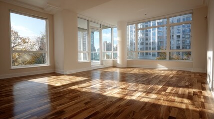 Fototapeta premium Modern living room with wooden floors and neutral walls, showcasing minimalist design and open space.