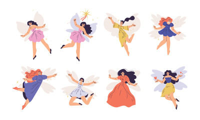 Naklejka premium Colorful Fairies Posing in Playful and Joyful Arrangements and Expressions of Dance Moves