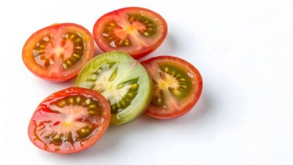 Fresh Cherry Tomato Slices on White Background - Red and Green Halves