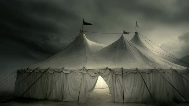 Spooky Circus Tent with Flags under Overcast Sky and Mountain Backdrop, Eerie Fairground Scene