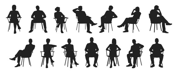 Silhouettes of men and women sitting on chairs in various relaxed and professional poses, vector illustration set.
