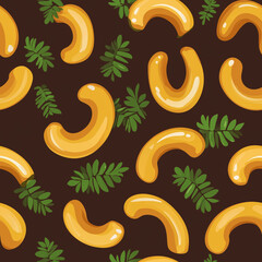Cashew Nuts and Foliage Pattern: A visually appealing pattern featuring the savory charm of cashew nuts intertwined with vibrant. Tile and seamless pattern