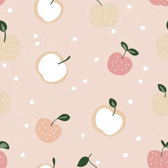 Tile Artistic Apple Pattern: A whimsical seamless pattern of stylized apples, each rendered in soft, pastel hues with delicate leaves and dot details.