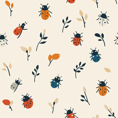 Whimsical Ladybug Garden: a playful pattern filled with vibrant ladybugs and delicate botanical elements. Tile and seamless pattern