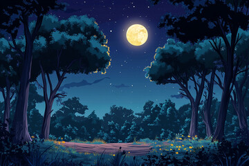 Night forest scene with moonlight and moving tree shadows