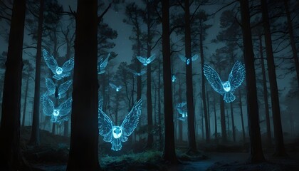 Ethereal Owls Glowing in a Mystic Forest Under the Moonlit Sky