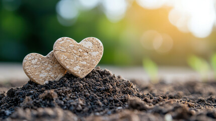 Fototapeta premium Closeup of soil with heart shaped stones symbolizing love and nature beauty