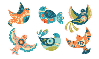 A collection of Colorful Illustrated Birds depicted in an enchanting Folk Art Style