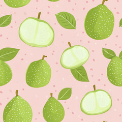 Seamless Fruit Pattern: A vibrant, repeating pattern of fresh, green fruits and leaves against a speckled, soft pink backdrop. Tile