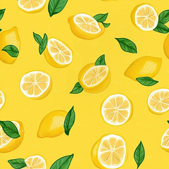 Lemon Pattern: Zesty yellow lemons and their slices scattered with green leaves. Tile and seamless pattern