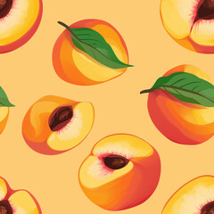 Sweet Peach Pattern: A vibrant, appetizing pattern showcases fresh peaches with verdant leaves. Tile and seamless pattern
