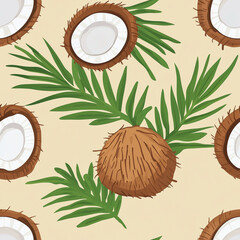 Tile Coconut Paradise: A vibrant seamless pattern showcasing the tropical delight of coconuts and lush palm leaves.