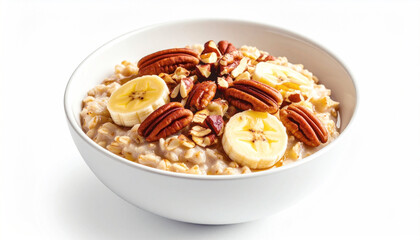 Banana oatmeal with pecans and maple syrup. AI
