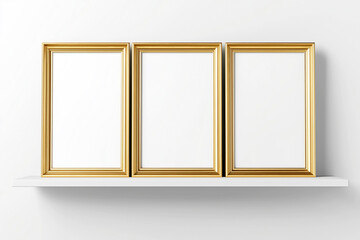 Gold mock up poster frames on thewhite shelf