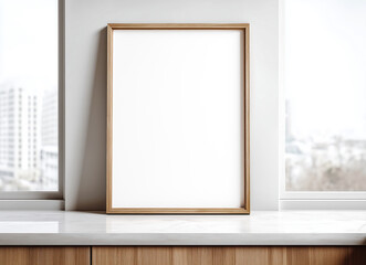 Blank wooden frame mockup standing on a kitchen countertop near large windows, ideal for showcasing artwork, prints, or poster designs in a modern home setting