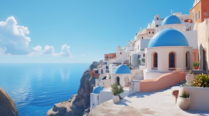 Fototapeta premium サントリーニ島の絶景と青い屋根の街並み – 地中海の美しい風景