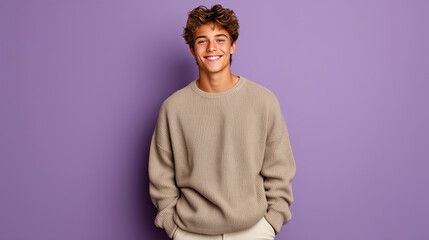 Obraz premium A stylish teenage boy smiles confidently against a vibrant purple background, wearing casual clothes