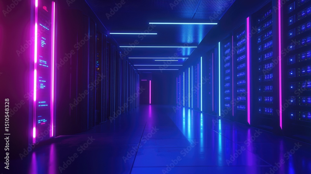 Leinwandbilder Colorful 3D render of a glowing data center hallway with vivid magenta and blue neon-lit server racks, ideal for cloud computing, tech infrastructure, and futuristic IT visuals