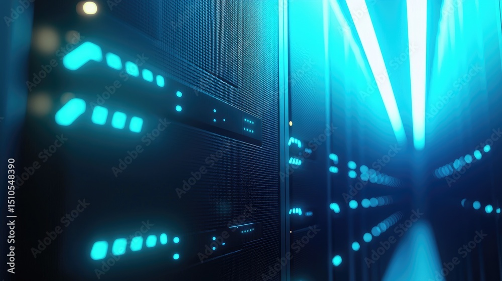Poster Blurred futuristic view of glowing blue server panels in a modern data center hallway, suitable for themes in cybersecurity, cloud systems, and high-tech infrastructure