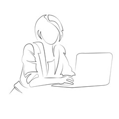 One continuous line drawing on white isolated background. Minimalism linear illustration. working, office, business, computer, technology, woman, desk, businesswoman, job