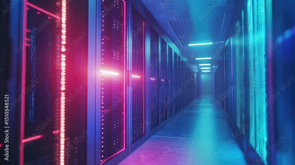 Fototapete futuristic 3d rendered corridor of glowing data servers with blue and magenta neon lighting, ideal f