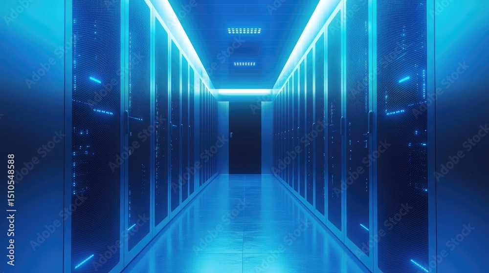 Aufkleber futuristic blue-lit data center corridor with high-performance server racks and reflective flooring,