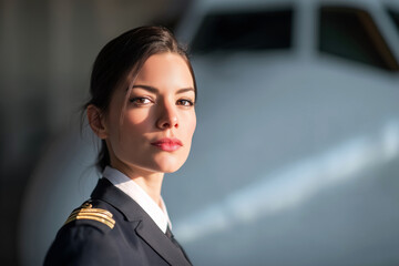 A beautiful female pilot in uniform stands confidently in front of an aircraft