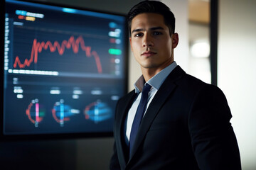 A young attractive businessman standing with a financial chart displayed in the background