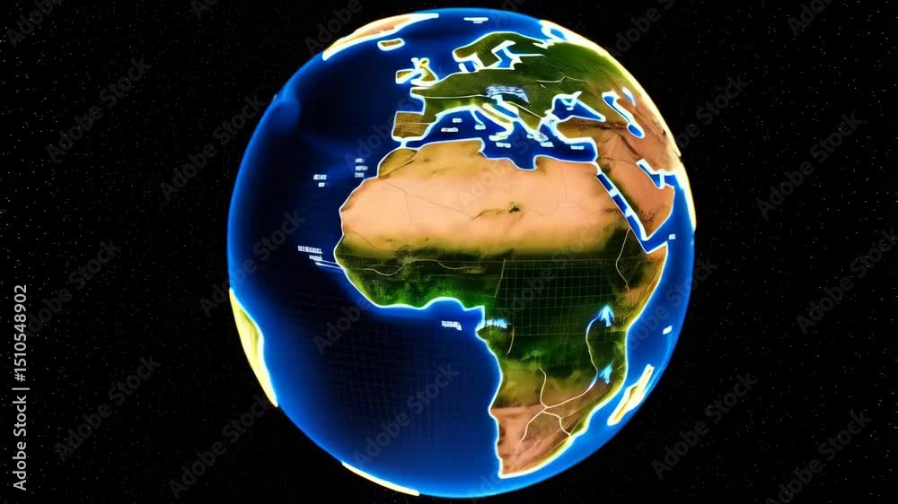 Poster illuminated earth showing geometric texture on a black background with white stars