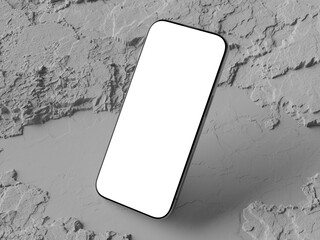 Modern smartphone with frame less blank screen on grey rock textured surface, ready for customization or design presentations. 3d render