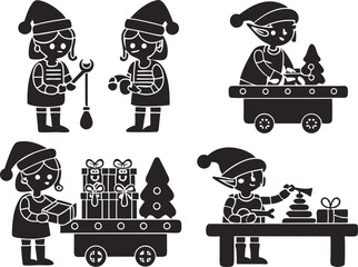 Christmas Elf Making Toys Coloring Page – Santa’s Workshop Line Art & Holiday Elf Silhouette Design