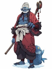 Fototapeta premium A smiling fishman stands on water, wearing a red and black outfit, holding a staff and a fish, with a friendly gaze.