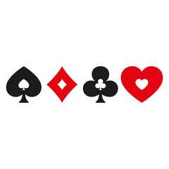 Suits of playing cards. Diamond, heart, club, spade minimalist symbols. Deck sign vector icon set. Cards symbols vector illustration symbols isolated on white background.