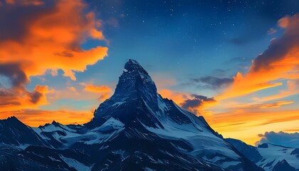 Sharp angular mountain peaks silhouetted against a twilight sky fading from orange to indigo with stars beginning to appear above