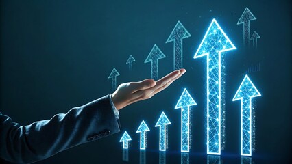 A professional's hand presenting glowing upward arrows representing business growth and market success concepts.