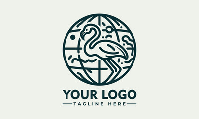 Stylized flamingo bird placed in front of outlined Earth globe representing environmental awareness. Wildlife concept
