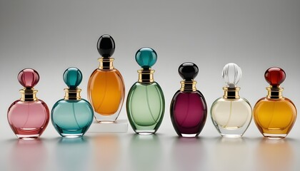 Elegant Collection of Colorful Perfume Bottles with Golden Accents