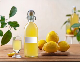 bottles of limoncello liqueur with blank mockup labels with glasses and ripe yellow lemons on the wooden table