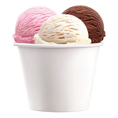 Colorful scoops of ice cream, chocolate, vanilla, and strawberry, neatly presented in a plain white cup, isolated on transparent background.