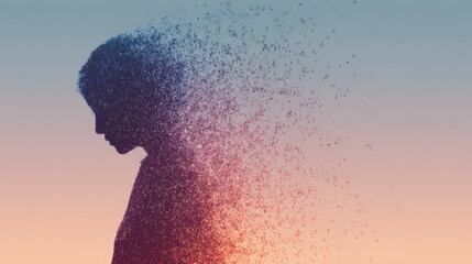 Silhouette of a Dissolving Person Against a Vibrant Gradient Background
