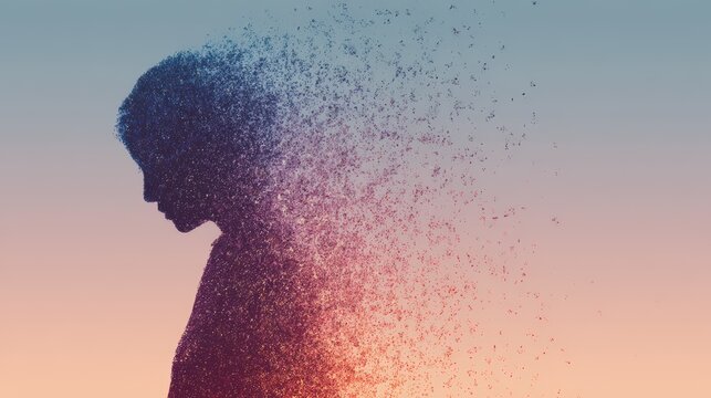 Silhouette of a Dissolving Person Against a Vibrant Gradient Background
