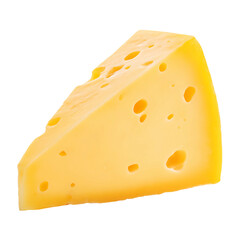 A golden yellow wedge of maasdam cheese, featuring characteristic holes, isolated on transparent background.