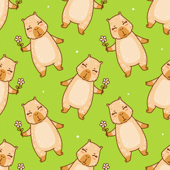 Seamless pattern with cute сartoon capybara with flower on green  - funny animal background for Your happy summer design