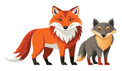 Obraz premium Red fox and gray wolf cartoon illustration