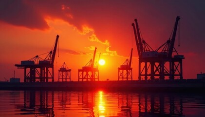 Obraz premium Silhouetted cranes against fiery sunset, industrial port , freight, evening