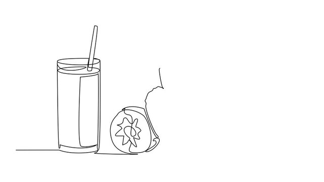Self drawing animation of continuous one line drawing a glass of soursop juice with straw in glass. Freshness in summer. Cold drinks. Smoothie soursop. National Juice Slush Day. Full length animated
